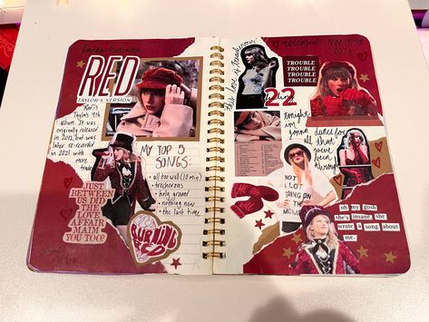 Journal Red Aesthetic, Taylor Swift Red Scrapbook, Taylor Swift Scrapbook Page, Taylor Swift Journal Aesthetic, Red Scrapbook Ideas, Red Sketchbook Page, Red Notebook Aesthetic, Taylor Swift Journaling, Red Journal Ideas