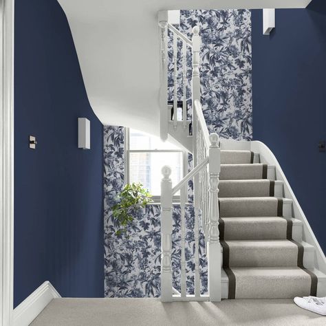 Arcane Garden Ink Blue Wallpaper Cool Britannia, Blue Hallway, Blue Floral Wallpaper, Moody Interiors, Graham & Brown, Wallpaper Direct, Ink Blue, Icy Blue, Interior Trend