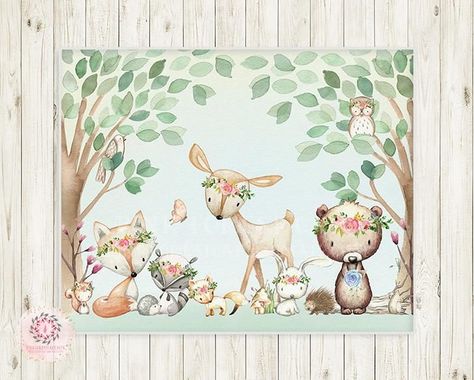 Vintage Girl Nursery, Bohemian Watercolor, Forest Cafe, Woodland Animal Wall Art, Forest Animal Nursery, Kids Canvas Art, Pink Forest, Nursery Paintings, Kids Canvas