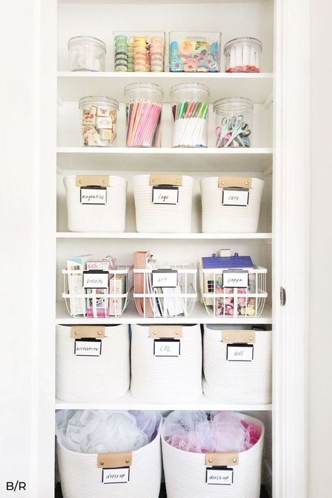 Check out the bins and baskets this professional organizer is using to keep her kids' toys and crafts organized and clutter free! Playroom Closet, Small Closet Storage, Craft Room Closet, Craft Closet Organization, Home Office Closet, Kids Organization, Craft Closet, Laundry Room Closet, Kids Toy Organization