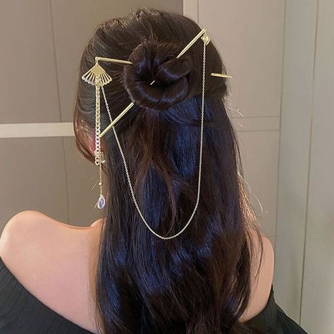 Material: Made of Metal Color: Gold Shape: Fan style Dr Jewelry, Calligraphy Drawing, Gold Hair Pin, Headpiece Jewelry, Fan Style, Hair Fork, Pearl Hair Pins, Chinese Hairstyle, Hair Stick