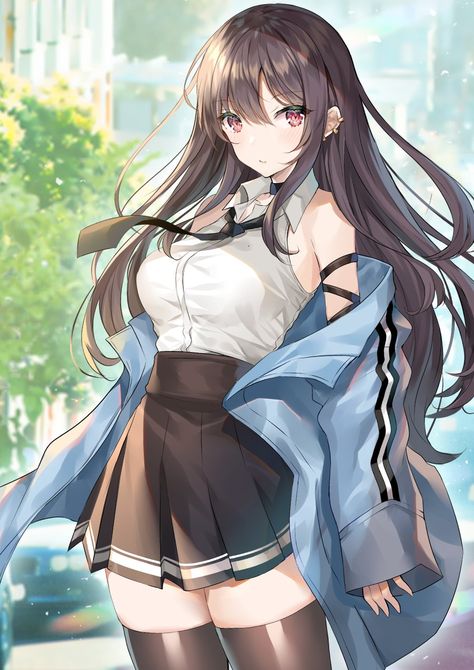 Thigh High And Skirt, Jacket Off The Shoulder, Jacket On Shoulders, Off The Shoulder Jacket, Off Shoulder Jacket, Grand Blue, Blurry Background, Multiple Earrings, Eyes Brown