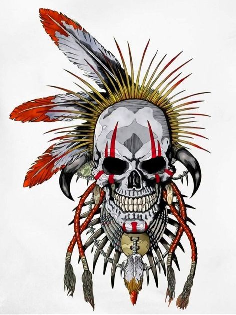 Apache Indian Tattoo, Tattoo Indien, Floral Skull Tattoos, Pirate Skull Tattoos, Indian Skull Tattoos, Native American Tattoo Designs, Indian Tattoo Design, Headdress Tattoo, Bull Skull Tattoos