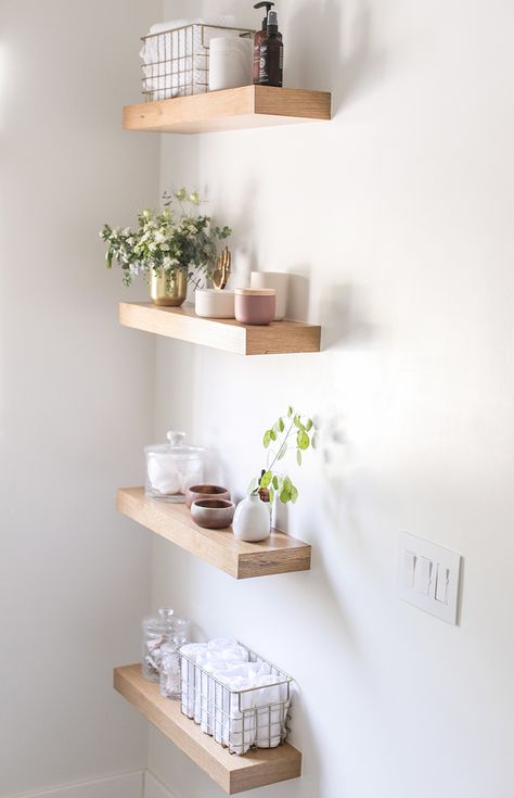 White Bathroom Shelving, Spa Shelf Display, Small Bathroom With Shelves, Bathroom Shelves Organization, Bathroom Shelves Decor, Shelves In Bathroom, Bathroom Shelves Ideas, Bathroom Shelving Ideas, Bathroom Floating Shelves