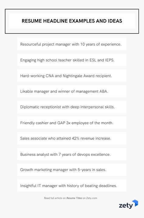 30 Resume Title Examples (a Good Headline for Any Resume) #zety #resumetemplate #coverletter #resumedesign #resumeexamples #resumetips #resumeexamplesforjobs #resume #resumelayout #resumewriting #resumeformat #perfectresume #bestresume Resume Title Examples, Resume Tips Cheat Sheets, Resume Headline Examples, Coverletter Resume, Cv Help, Job Hacks, Job Coaching, Resume Building, Write A Resume