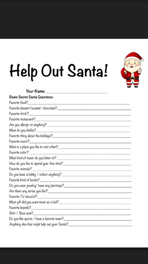 Help out Santa pick out the best gift for you by filling out this questionnaire! All About Me Secret Santa, Questionnaire For Gift Giving, Questionnaire For Christmas Gift Ideas, Christmas List Questionnaire, Gift Idea Questionnaire, Things To Ask Santa For Christmas, Questions For Secret Santa, Christmas Interview Questions For Kids, Gift Giving Questionnaire