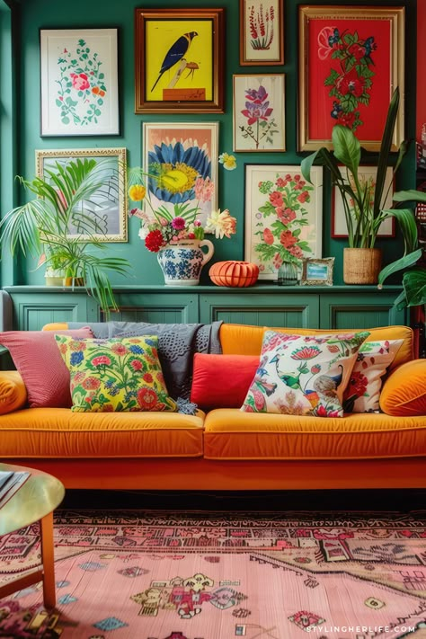 Vibrant Spaces: A Maximalist’s Guide to Colorful Home Decor - Styling Her Life Bright Colour Interior, Bold Colour Interior Design, Bright Colorful Office Ideas, Colorful Maximalist Decor Living Room, Pop Art Decor Interior Design, Colourful Maximalism, Panelled Walls Living Room, Fun Living Room Ideas, Maximalist Color Palette