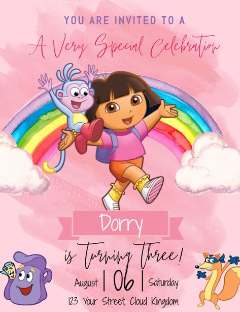 Dora Birthday Dora The Explorer Invitation Template, Dora The Explorer Invitations, Dora Invitation Template, Dora Birthday Party Ideas, Dora Birthday Party, Free Online Invitation Maker, Dora Birthday Cake, Explorer Birthday Party, Dora Birthday