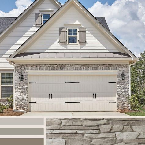 How to Use Stone to Make Your Old Garage Look New | Horizon Stone Stone Around Garage Doors, Garage With Stone And Siding, Stone On Garage Exterior, House With Stone Accent Exterior, White House With Stone, Stone Garage, Horizon Stone, White Garage Doors, Stone Veneer Exterior