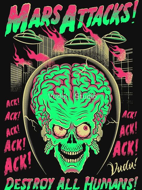 "Mars Attacks!" Essential T-Shirt for Sale by Vudu! ⚡ Studio | Redbubble Mars Attacks Poster, Mars Attacks Art, Zombie Comic, Mars Attack, Mars Attacks, Funny Patches, Trippy Wallpaper, Space Invaders, Pop Culture Art