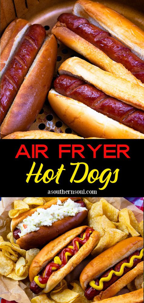 Make the VERY BEST hot dogs ever in the air fryer! Cooked in less than 10 minutes, these hot dogs are crispy on the outside, juicy on the inside, and nestled in a toasted bun. This fast, easy way to serve up a family favorite treat is great whether you are feeding a hungry family or a crowd. Air Fryer Hot Dogs, Fried Hot Dogs, Cooks Air Fryer, Air Fry Recipes, Best Air Fryers, Hot Dog Recipes, Easy Air Fryer, Air Fryer Dinner Recipes, Family Dinner Recipes