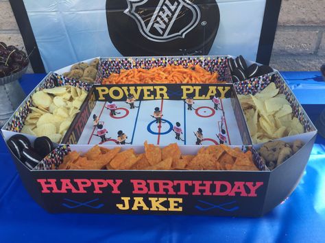 Hockey snack stadium for Jake's 10th bday Hockey Watch Party, Hockey Themed Charcuterie Board, Hockey Party Snacks, Nhl Party Ideas, Hockey Themed Birthday Party Food, Road Hockey Birthday Party, Hockey Charcuterie Board, Hockey Decorations Party, Hockey Party Food Ideas