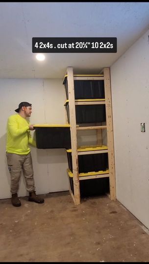 176K views · 2.2K reactions | DIY Tote Storage rack build for less then $50 in materials. Here is the full step by step tutorial to build your own tote storage rack for 102L or 27G totes.  #homerenos #hometips #diyprojects #diyproject #homemaintenance #storagesolutions #storagetips #storagehack #handymanservice #carpentryskills #renotips #woodworkforall #garagegoals #garagestorage #diybuild #carpentrywork #tooltiptuesday #homerenovation | Meyers.makes Storage Tote Rack, Storage Tote Shelves, 27 Gallon Tote Storage Shelf Diy, Tote Storage Shelves Diy, Backstock Storage, Diy Tote Storage Rack, Building Storage Ideas, Cottage Storage, Basement Update