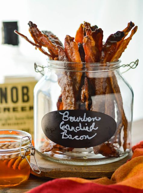 This recipe gives simple instructions on how to make Bourbon Candied Bacon in the oven from start to finish. The perfect appetizer for any party. Made with honey, brown sugar and of course bourbon. #candiedbacon #bacon #appetizers Maple Candied Bacon Recipe, Candied Bacon Recipe, Bourbon Recipes, Maple Candy, Bourbon Tasting, Bacon In The Oven, Bacon Appetizers, Whiskey Tasting, Candied Bacon