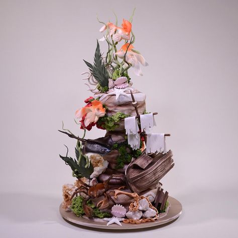 Boat Cake Ideas, Sailing Boat Cake, Elena Gnut, Fair Cake, Under The Sea Cakes, Underwater Shipwreck, Birthday Cake Fondant, Boat Cake, Learn Cake Decorating