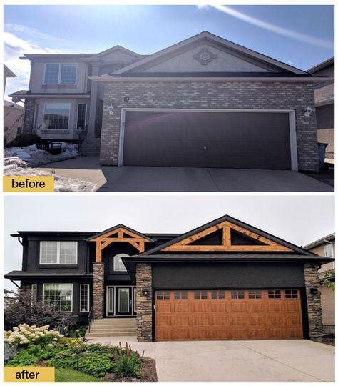 September 2018 Garage Door Makeover Before & After Charcoal Exterior Paint, Charcoal Exterior, 1980s House, Faux Wood Garage Door, Carriage House Garage Doors, Rustic Craftsman, Wood Garage, House Makeovers, Wood Garage Doors