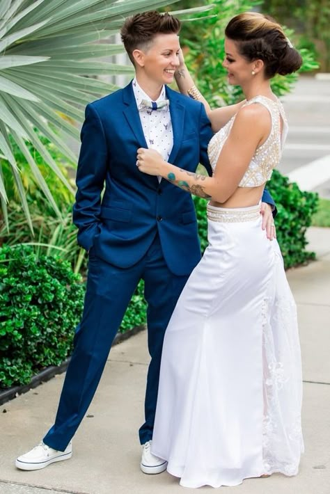 Matching Wedding Dress And Suit, Wedding Tuxes For Women, Lesbian Fall Wedding Outfits, Gender Fluid Wedding Attire, Masculine Lesbian Style Wedding, Masc Lesbian Wedding Suit, Masc Lesbian Suit, Masc Lesbian Wedding, Lesbian Wedding Guest Outfit