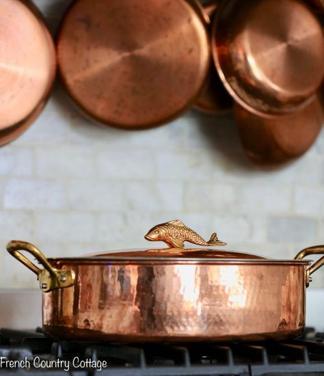 The Best Place to find Copper Pots & Pans - French Country Cottage Cooper Pots And Pans, Displaying Copper Collection, Copper Pots Display, Copper Pots And Pans, Copper Collection, French Farmhouse Kitchen, French Country Bathroom, French Country Kitchens, Copper Pans