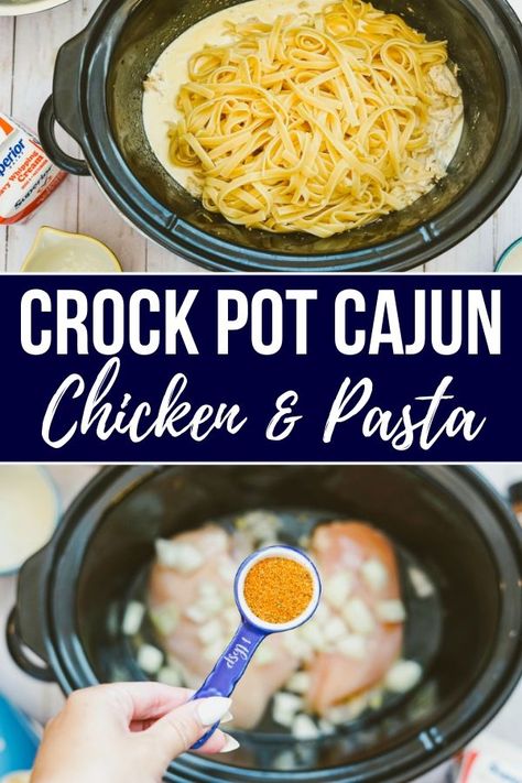 Creamy Crock Pot Cajun Chicken and Pasta is an easy weeknight dinner recipe for the whole family. Shredded cajun chicken, tender pasta in a creamy sauce. #cajun #chicken #pasta #creamy #sauce #crockpot #slowcooker #recipe #dinner #best #easy #familyfriendly Chicken And Pasta In Crockpot, Chicken Pasta Crockpot Recipes Healthy, Cajun Pasta Crockpot, Easy Weeknight Crockpot Dinners, Crockpot Chicken Pasta Recipes Easy, Easy Cajun Chicken Pasta Crockpot, Slow Cooker Cajun Pasta, Crockpot Rotini Pasta Recipes, Creamy Cajun Chicken Crockpot