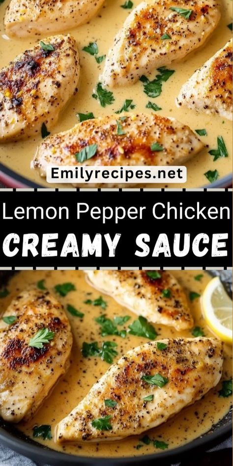 Crave something simple yet flavorful? Try this savory lemon pepper chicken. It's a quick dish, perfect for any meal. The juicy chicken, flavored with lemon and pepper, pairs beautifully with the creamy sauce. Not only is it delicious, but it's also easy to prepare. Whether you're cooking for family or friends, this recipe is a must-try. Enjoy the zesty taste and creamy textures. Ready to make a meal that'll impress everyone? Get cooking today with Emily’s easy recipe. Recipes With Lemon Pepper Chicken, Lemon Pepper Chicken And Veggies, Lemon Pepper Chicken Gravy, Lemon Pepper Cream Sauce, Lemon Pepper Chicken Recipes Easy, White Wine Pepper Sauce Chicken, Lemon Pepper Chicken Sauce, Lemon Sauce Chicken, Juicy Lemon Pepper Chicken