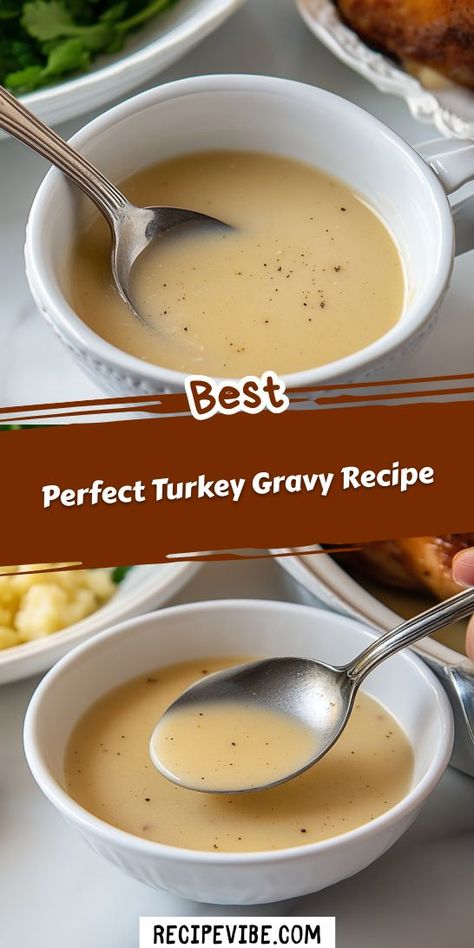 Searching for a way to make your Thanksgiving turkey even more delicious? This perfect turkey gravy recipe is the answer, adding depth and flavor to your festive meal. Be sure to save it for your next holiday celebration! Turkey Stock Gravy Recipe, Gluten Free Turkey Gravy With Cornstarch, Thanksgiving Gravy Recipe Easy, Perfect Turkey Gravy, Healthy Turkey Gravy Recipe, Recipe For Turkey Gravy, How To Doctor Up Jarred Turkey Gravy, Turkey Gravy With Cornstarch, Thanksgiving Turkey Gravy Recipe