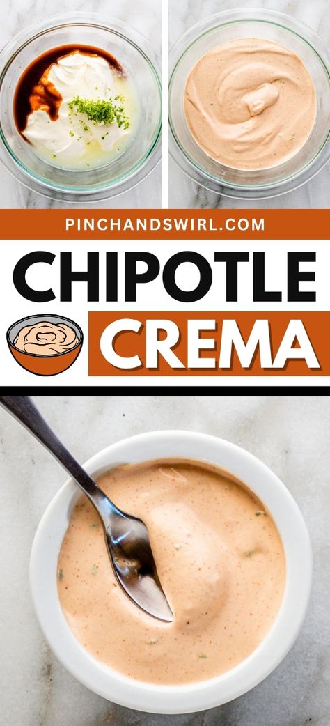 This chipotle crema recipe is the perfect smoky and spicy sauce for tacos, burrito bowls, and more. Easy to make and packed with flavor! Chipotle Sauce Recipe Easy, Burrito Bowl Sauce Recipe, Burrito Bowl Sauce, Burrito Sauce Recipe, Creamy Chipotle Sauce Recipe, Sauce For Tacos, Chipotle Cream Sauce, Spicy Crema, Burrito Sauce