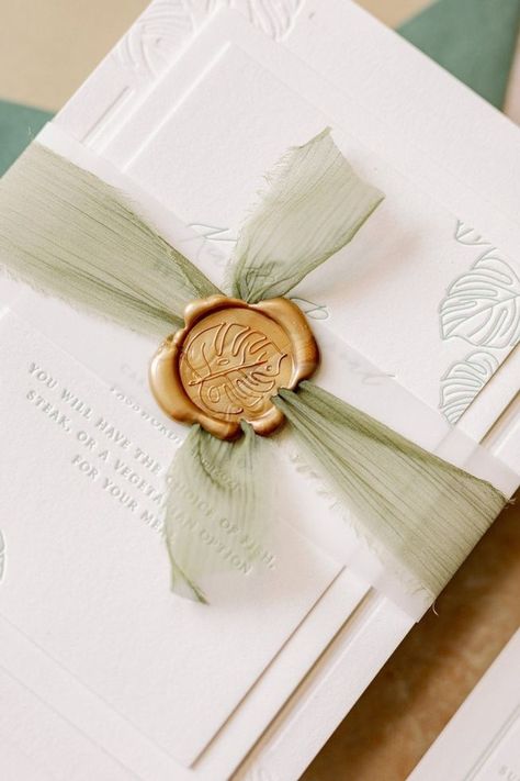 Gold Wax Seal, Wax Seal Stamp Wedding, Ribbon Invitation, Tropical Wedding Invitations, Tropical Palm Leaves, Green Wedding Invitations, Simple Wedding Invitations, Miami Wedding, Wedding Ribbon