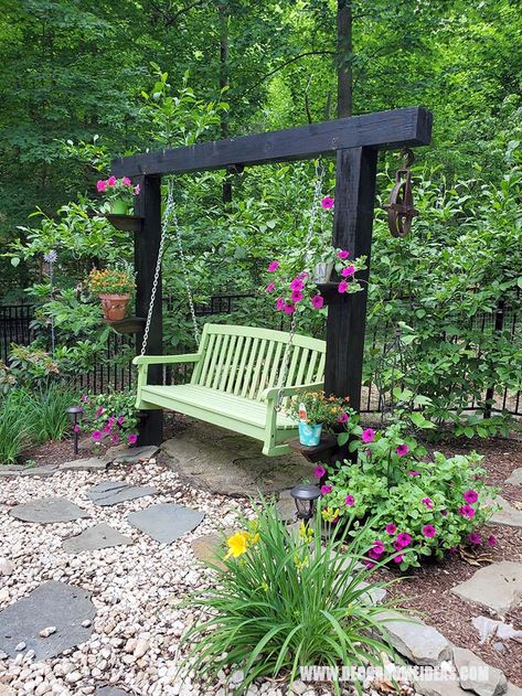 Swings Outdoor Backyard Ideas, Seating In The Garden, Swings For Adults Outdoor, Garden Daybed Ideas, Outdoor Swings For Adults Diy, Outside Swings For Adults Diy, Wooden Swings Outdoor, Bench Wood Outdoor, Patio Swings Ideas Backyards