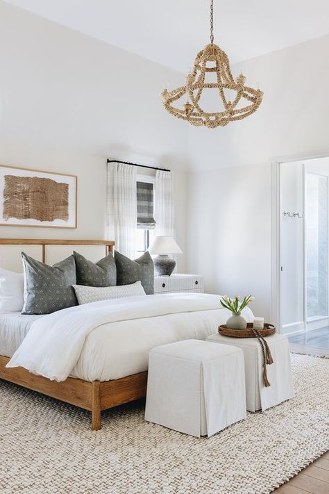 Bedroom Inspo Neutral, Cozy Primary Bedroom, Brown Leather Bed, Layered Window Treatments, Primary Bedrooms, Black Sofa Table, Kate Marker Interiors, Farmhouse Glam, Bedroom Cozy