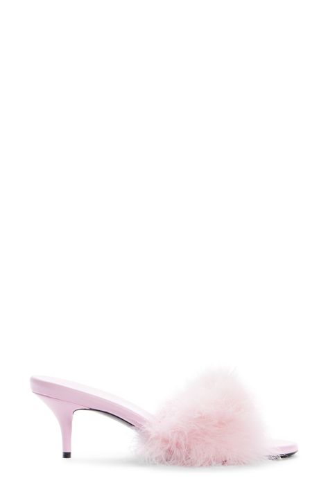 A fluffy plume of feathers adds vintage-starlet allure to this almond-toe slide sandal perched on a sculpted heel that adds just-right height. 2 3/4" (70mm) heel Turkey feather and textile upper/leather lining and sole Made in Italy Designer Shoes Feather Slippers, Fluffy Heels, Fluffy Sandals, Lirika Matoshi, Feather Heels, Pink Slides, Fashion Shoes Heels, Turkey Feathers, Pink Heels