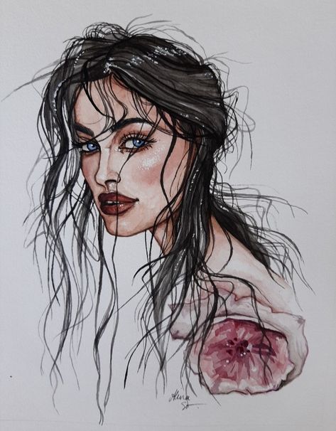 Aquarelle/Watercolour drawing Wet Hair Drawing, Long Wet Hair, Drawing Of Girl, Hair Drawing, Watercolor Drawing, Wet Hair, Girl Drawing, Face Drawing, Male Sketch