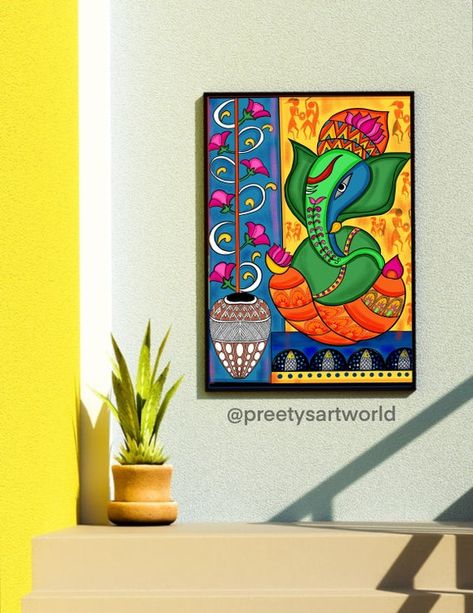 Colorful Madhubani Indian God Ganesha print I Meditation art decor I Yoga studio | Instant Printable digital download | Colorful wall decor -------------------------------------------------------------------------------------------------------------------- A ‘Statue’ in Hinduism is believed to be a Ganesha Artwork, Jamini Roy, Colorful Wall Decor, Gond Painting, Madhubani Paintings, Indian God, Easy Canvas, Madhubani Art, Ganesha Painting