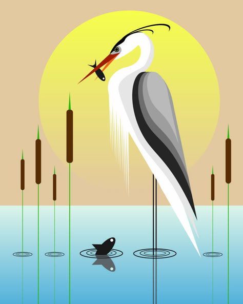 This newly created abstract heron art was designed in a graphics software program. The heron is standing in the water with a fish that it caught with a beautiful sunset in the background. The perfect gift for the bird lover! Download and print at an affordable price! Heron Illustration, Crane Illustration, Abstract Bird Art, Animal Design Illustration, Art Deco Bird, Heron Art, Crane Design, Charley Harper, Geometric Shapes Art