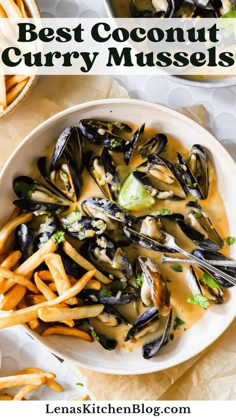 These coconut curry mussels are ready in just under 30 minutes and are packed full of leeks, garlic, and curry flavors. You’ll be blown away by how easy they are to make and want to slurp up every last drop of the red curry coconut sauce! Curry Mussels Recipe, Coconut Curry Mussels, Easy Coconut Curry, Curry Mussels, Curry Coconut, Coconut Curry Sauce, Beef Carpaccio, Mussels Recipe, Coconut Sauce