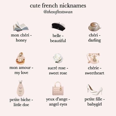 Girly Victorian Aesthetic, Words To Keep In Your Pocket, Pretty Words In French, French Princess Aesthetic, Types Of Core Aesthetic, French Nicknames, Cute French Words, French Names, French Language Lessons