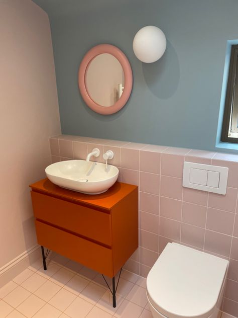 Pastel Bathroom Aesthetic, Colorful Vanity, Shed Bathroom, Contemporary Bathroom Inspiration, Airstream Bathroom, Pastel Bathroom, Colourful Bathroom, Ikea Pax Closet, Rental Bathroom