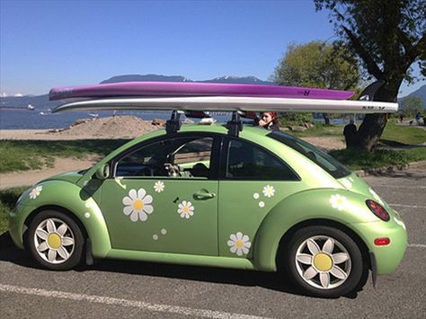 Volkswagen Beetle with Flower stickers Volkswagen Beetle Flower Rims, Car Flower Stickers, Beetle Car Decorations, Slug Bug Car Aesthetic, Flower Car Stickers, Vw Beetle Green, Cute Vw Beetle, Volkswagen Beetle Decorations, Buggy Car Volkswagen