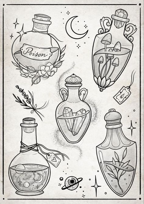 Potion Drawing Bottle, Cauldron Drawing Simple, Magic Potion Tattoo, Potion Doodle, Witchy Drawing Ideas, Potions Drawing, Potion Bottle Tattoo Design, Potion Bottle Art, Cauldron Drawing