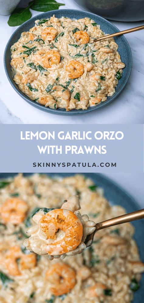 One Pot Orzo With Shrimp And Feta, Recipe With Prawns, Lemon Orzo With Shrimp, Lemon Garlic Shrimp Orzo, Garlic Prawns And Rice, Seafood Orzo Recipes, Scallops And Orzo Recipe, Lemon Orzo Pasta With Shrimp, Creamy Shrimp Orzo Recipes