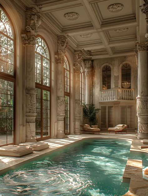 4 - ornate column swimming pool indoor water area Dream Indoor Pool, Pool In House Indoor, Old Money Indoor Pool, Indoor Pools In Houses, Old Money Pool, Luxury Indoor Swimming Pool, Swimming Pool Interior Design, Roman Mansion, House With Indoor Pool