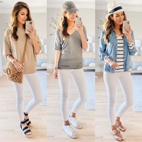 These leggings were a pleasant surprise. I have some Spanx I love and some I could pass on but the white jeanish leggings are great. White Leggings Outfit, Leggings Outfit Spring, Jeggings Outfit, Leggings Outfit Summer, Leggings Outfit Casual, Casual Outfit Ideas, White Jeans Outfit, Top Fashion Bloggers, Leggings Outfit