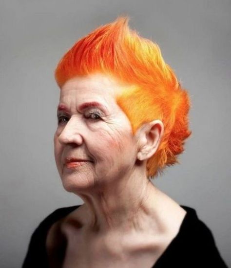 Serious hair goals right here Orange Mohawk, Granny Hair, Fire Hair, Dramatic Hair, Senior Style, Rainbow Hair Color, Bold Type, Bright Hair, Edgy Hair