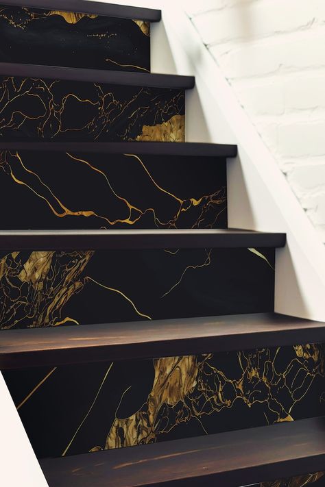 Black And Gold Staircase, All Black Staircase, Taxian Jun, Black Staircase, Stair Kits, Vinyl Stairs, Stair Decals, Stairs Renovation, Black Stairs