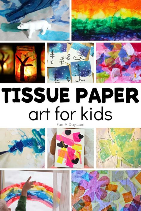 10+ tissue paper art projects perfect for preschool, pre-k, and elementary kids. Be sure to add them to your master list of art projects for kids. Click on the Fun-A-Day.com link for more information. Tissue Paper Art Projects, Tissue Paper Art For Kids, Paper Art For Kids, Indoor Kids Crafts, Shamrock Art, Apple Lessons, Tissue Paper Art, Tissue Paper Crafts, Paper Art Projects