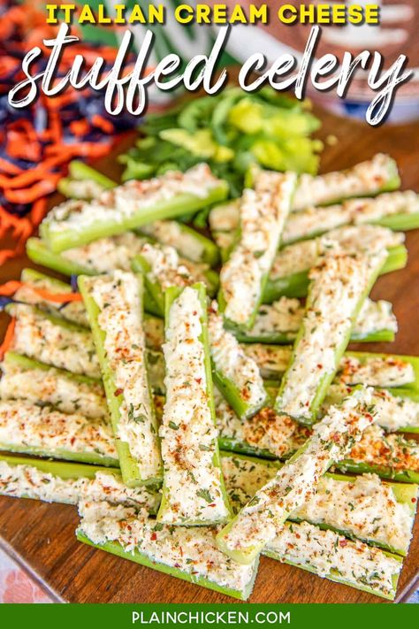 Tailgating Party Recipes - Plain Chicken Cream Cheese Dressing For Salad, Cold Vegetable Appetizers, No Meat Appetizers, Appetizers For Diabetics, Vegetable Appetizers Finger Foods, Celery Cream Cheese, Cream Cheese Stuffed Celery, Celery Snacks, Stuffed Celery