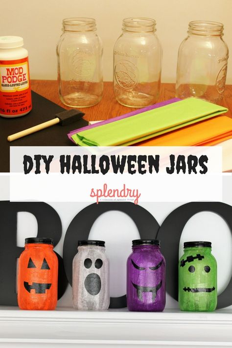 Such an easy and fun project, these DIY Halloween Jars are simple to make and you can get so creative! Kids will love this activity and you'll have fun too! #halloween #halloweencrafts #diy #easydiy #kidfriendly #kidcrafts Halloween Decorations Mason Jars, Diy Halloween Decorations Mod Podge, Diy Mason Jar Luminaries, Halloween Mod Podge, Halloween Jars Ideas, Mod Podge Halloween Crafts, Diy Halloween Jars, Halloween Mason Jars Diy, Mason Jar Halloween Crafts