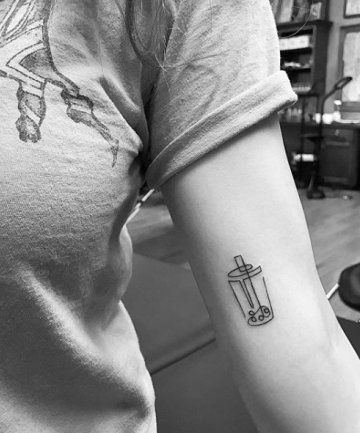 Boba Tea Tattoo, Food Tattoo Ideas, Food Tattoo, Tea Tattoo, Matching Friend Tattoos, Food Tattoos, Hidden Tattoos, Single Line Tattoo, Aesthetic Tattoos