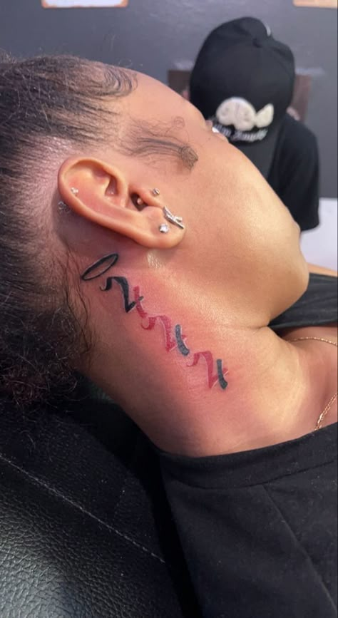 Neck Tattoos Women Angel Numbers, Cute Small Tattoos For Black Women, 2004 Neck Tattoo, Angel Number 444 Tattoo Behind Ear, Angel Numbers Neck Tattoo, Angel Number Tattoo Neck, 444 Tattoo Neck, Dope Neck Tattoos Women, Small Tattoos For Black Women