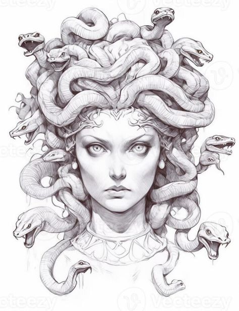 Medusa Head Drawing, Snake Hair Drawing, Snake Head Reference, Head Tattoos Women, Snake Head Drawing, Snake Head Tattoo, Medusa Artwork, Medusa Drawing, Snake Woman