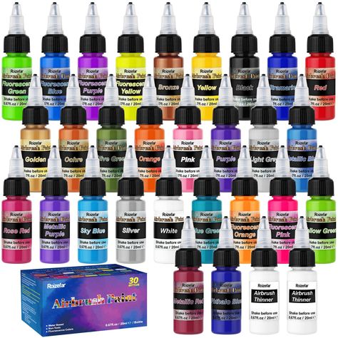 PRICES MAY VARY. Airbrush Paint Set: Roizefar airbrush kit contains 28 colors, including 16 classic colors, 6 neon colors, 6 Metallic colors,also comes with 2 airbrush thinner. A variety of pigment will meet most of your painting demands without mixing process. Each bottle is 20ml. Ready to Spray: Airbrush Paints come with high quality air brush flow characteristics and proper ratios,they can match well with your airbrush with a smooth consistency and won’t clog it up.2 airbrush thinner to make Paints Acrylic, Air Brush, Air Brush Painting, Neon Colors, Metallic Colors, Paint Set, Spray, Neon, Paint